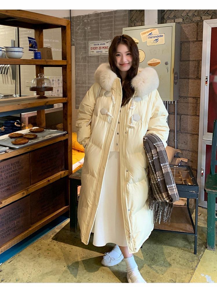 Women's Mid-Length Down Jacket, 2025 Winter, Horn Button Design, Fur Collar, Thickened, Loose Fit Coat.