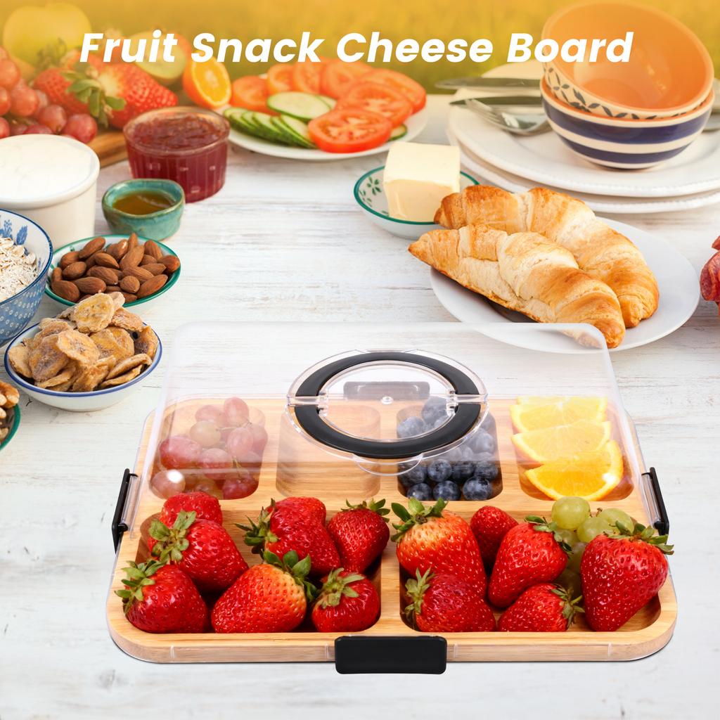 Bamboo Cheese Platter with Transparent Lid Biscuit Snacks Fruit Serving Tray Divided Charcuterie Board for Party Camping Picnic