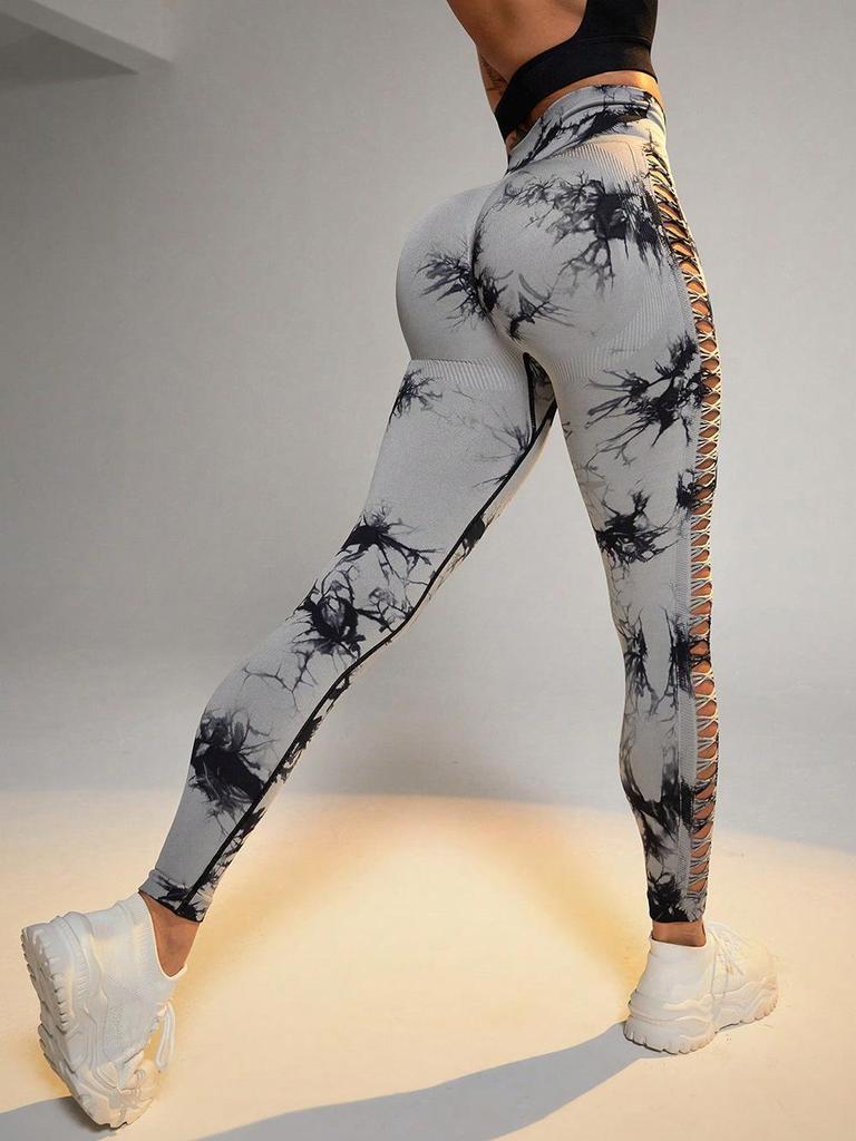 Women's High-Waisted Tie-Dye Yoga Pants - Hollow-Out, Peach-Lifting, Breathable, Seamless Fitness Wear