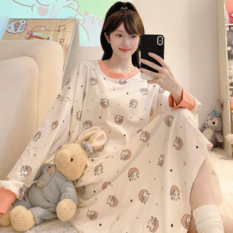 Nachthemd aus reiner Baumwolle in Übergröße mit Cartoon-Motiv (250 Jin) - Langärmliges, mittellanges Oberteil für Frühling/Herbst, geeignet für Zuhause oder als Freizeitkleidung für draußen
