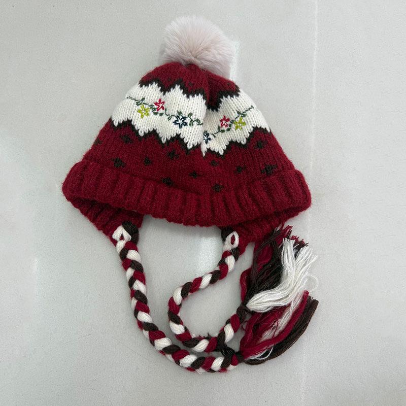 Vintage Fair Island Jacquard Knitted Wool Hat Women's Winter Thickened Strap Warm Ear Protector Lei Feng Hat Travel Cold