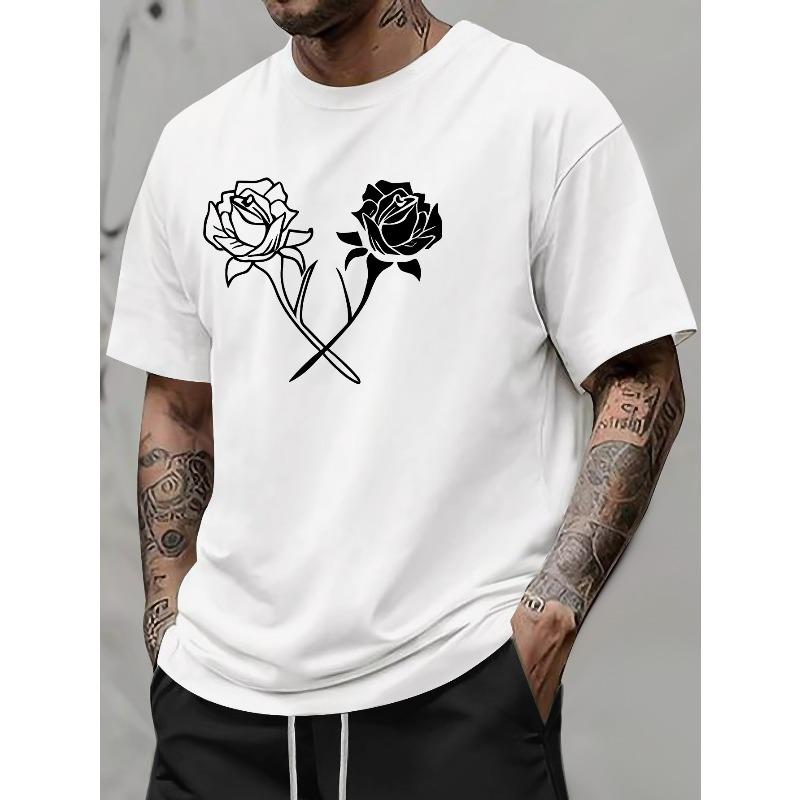 European Sizes New Summer Rose Element Print Men's Pattern Print Base Layer T-Shirt Summer Short Sleeve Top Inner Lining