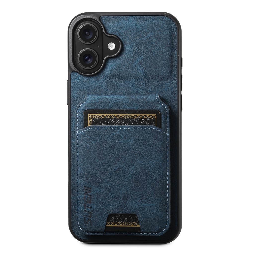 SUTENI H02 For iPhone 16 Case Card Slots Kickstand Litchi Texture Leather+TPU Cover