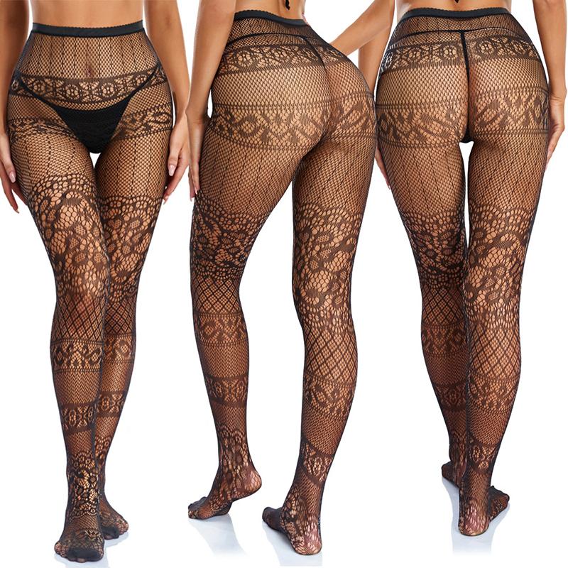 High Elastic Black Hollowed Lace Fishnet Patterned Tights For Women Soft Nylon Solid Color Sweet Panyhose Toe Reinforcement