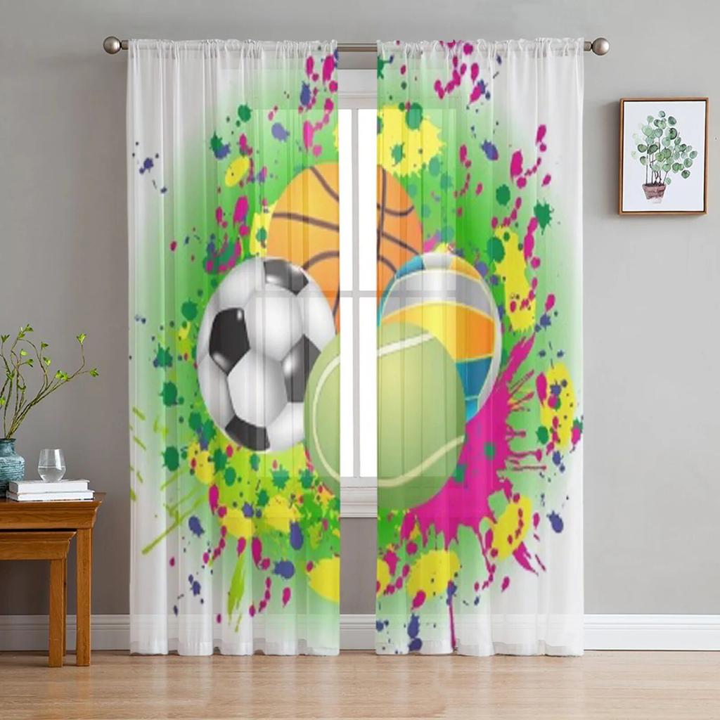 Sport Balls Pattern Sheer Curtains For Living Room Modern Fashion Valance Curtains For Kitchen Tulle Curtains