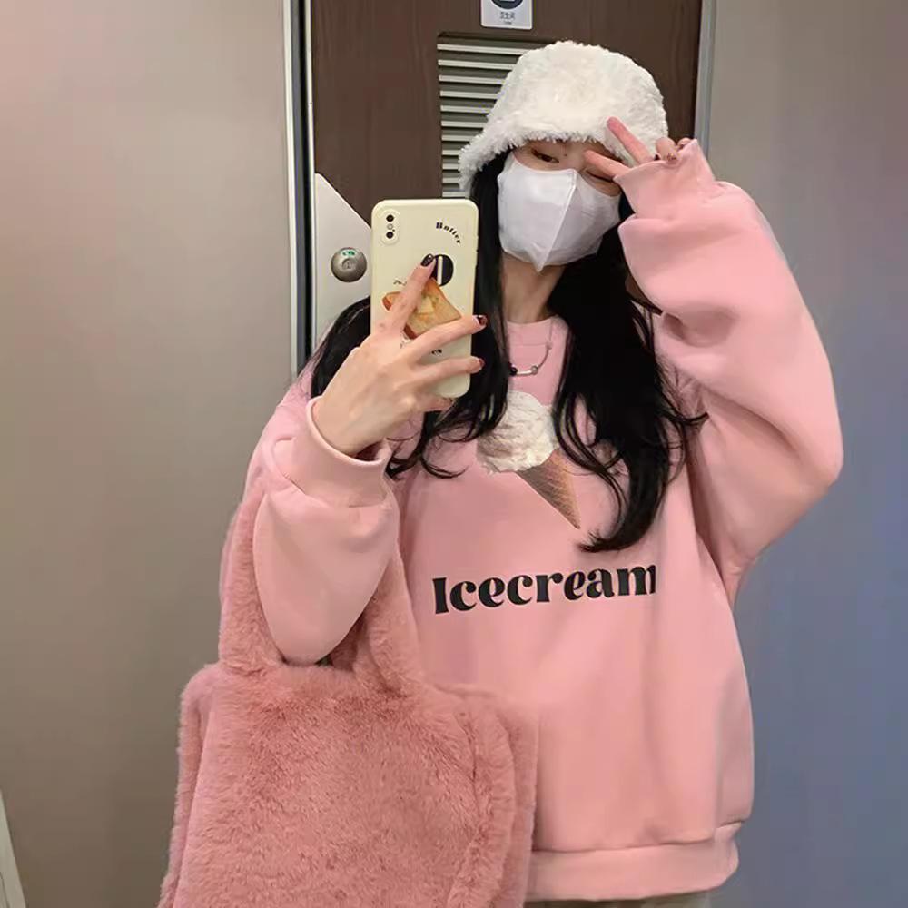 American oversize hoodless sweater women's design sense ice cream printing versatile foreign style long-sleeved