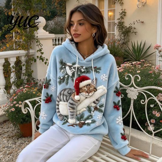 Winter Pullover Hoodie Damen Weihnachten Katze Aufdruck Hoodie, Übergroßes Langarm Sweatshirt, Tägliche Kleidung Sweatshirt Lässig Locker Kordelzug Kapuze