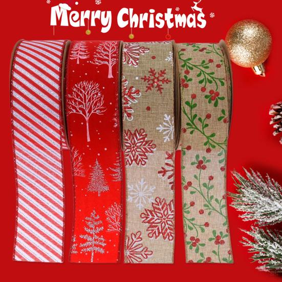 5cm Weihnachtsband Drahtverstärkt Transparent Bedruckt DIY Dickeres Lichtechtes Geschenkverpackungsband Reißfest Große Schleifenherstellung Weihnachtsbaumband für Festival