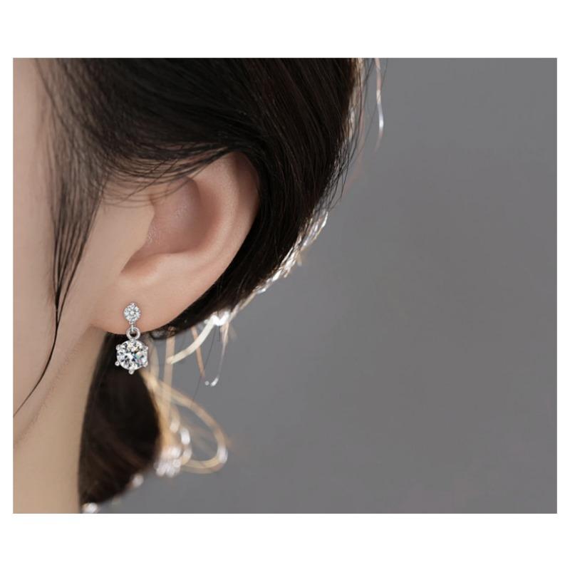 Women Inlaid Shining Zircon Double Zirconia Sterling Silver Pin Geometric Fashion Earrings