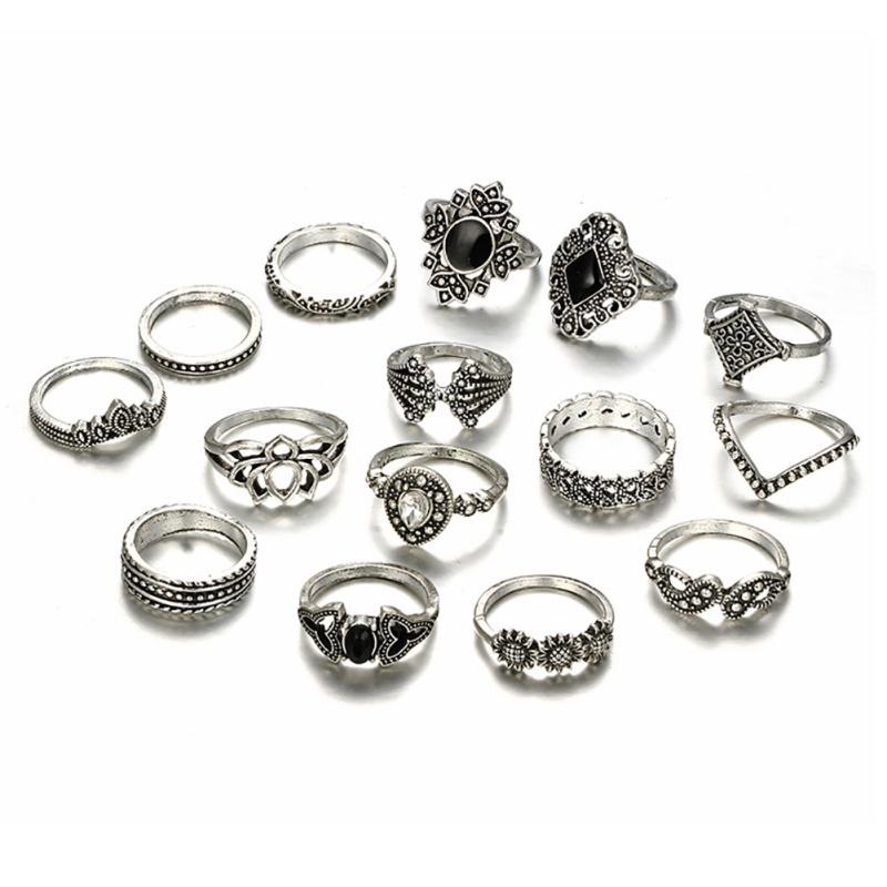 15 Teile/satz Bohemian Retro Kristall Blume Blätter Hohl Silber Ring Set
