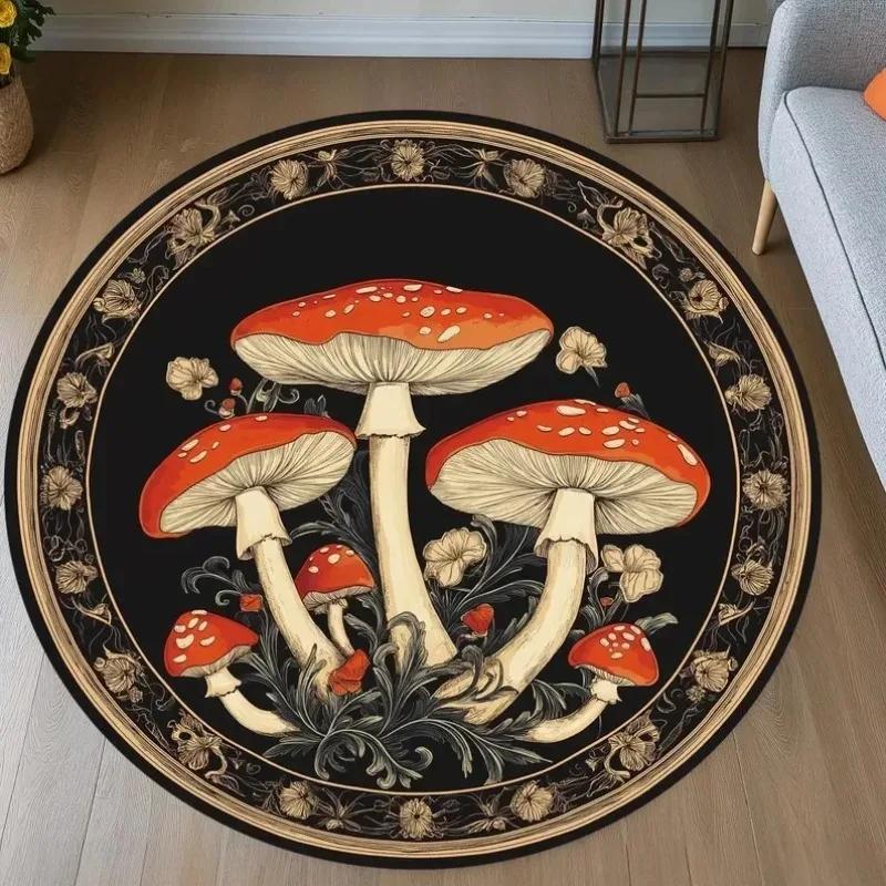 Enchanting Mushroom Round Floor Mat Big Mushrooms Lush Foliage On Dark Blue Soft Non-Slip Magical Room Home Decoration Carpet