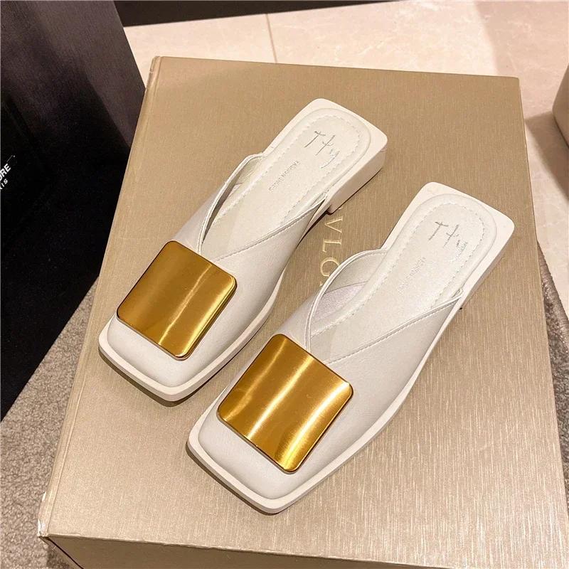 Fashion Designer Women's Casual Slippers 2025 Fashion Metal Buckle Shallow Flat Heels Square Toe Shoes for Women Brand Outdoor Slides