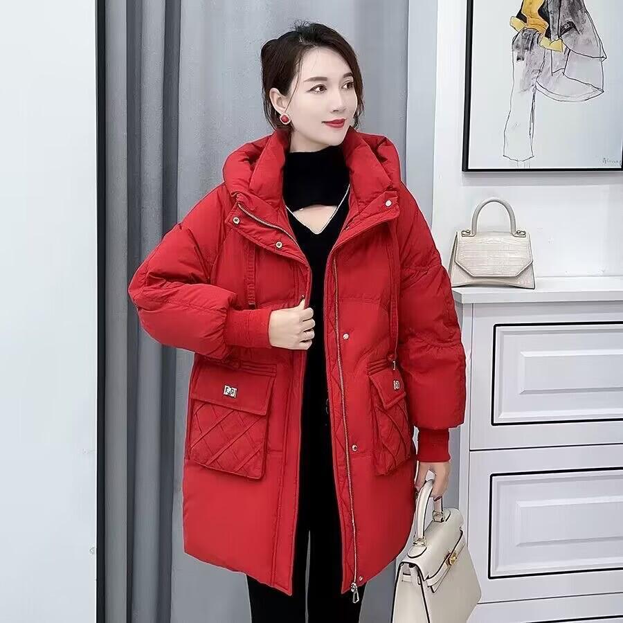 Women's Hooded Mid-Length Down Jacket with Pineapple Pocket - Loose Fit, Thick, Cold-Proof Winter Coat