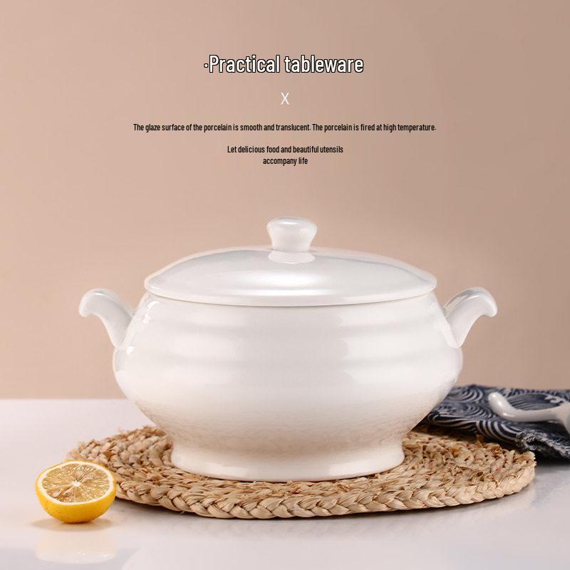Double-Handled Ceramic Cantonese Stew Pot with Lid - Large Soup Bowl for Household or Hotel Use