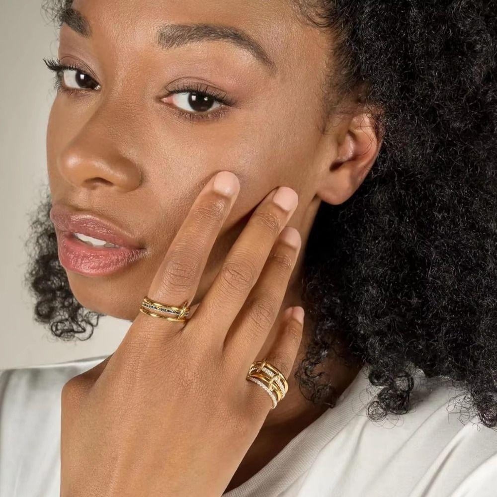 Three Layered Ring Stackable Rings Metal Multi-Link Connected Rings Geometric Knuckle Ring  Women
