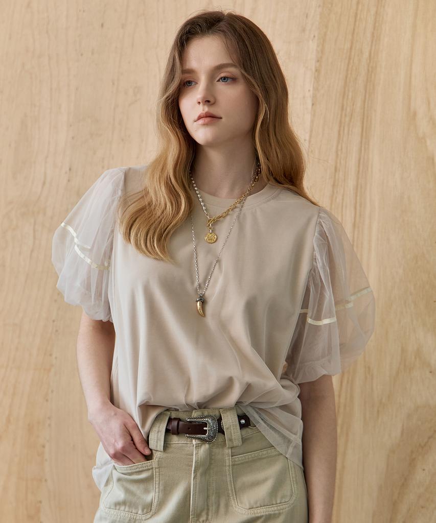 MAXZA Mesh Layered Balloon Sleeve Blouse T-Shirt