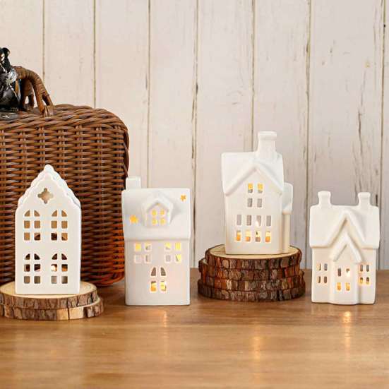 Ceramic House Decor Shape Candle Holder, White Hollow Tea Light Holder Durable Craft Gift Ornament, Artistic Miniature Figurine for Christmas