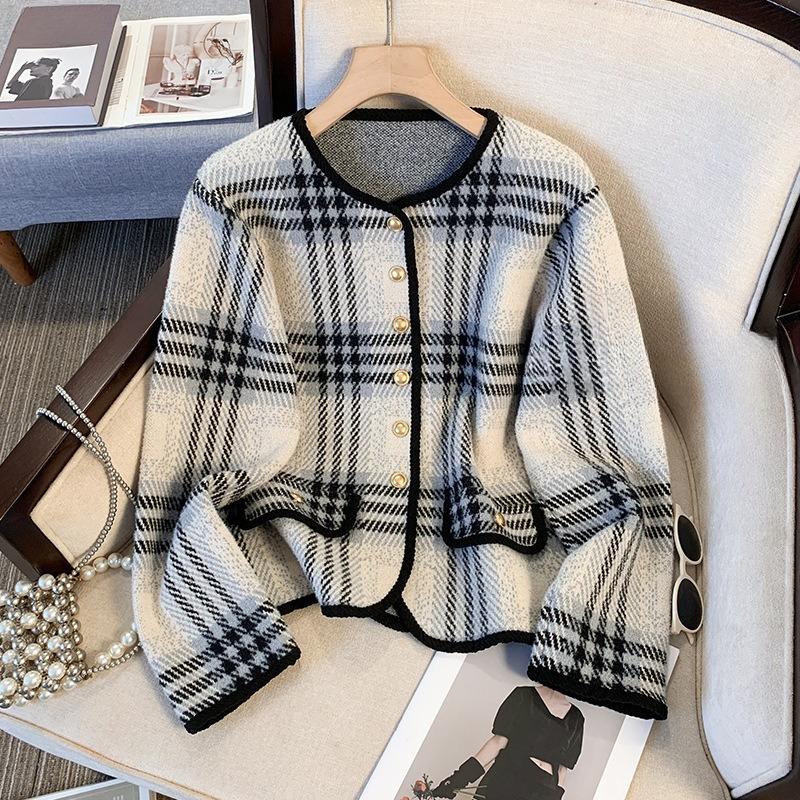 

Клетчатое шерстяное пальто в стиле Сяосян для женщин, осень и зима, новый стиль, ретро, контрастный цвет, иностранный стиль, маленький вязаный кардиган XL
