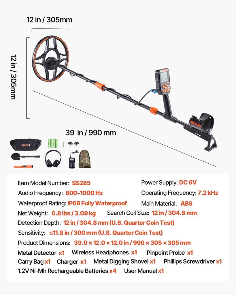 Metal Detector Impermeabile, 304,8 mm, Rivelatore d'Oro Professionale ad Alta Precisione per Adulti, con Display, Cuffie Wireless, 7 Modalità, Regolabile