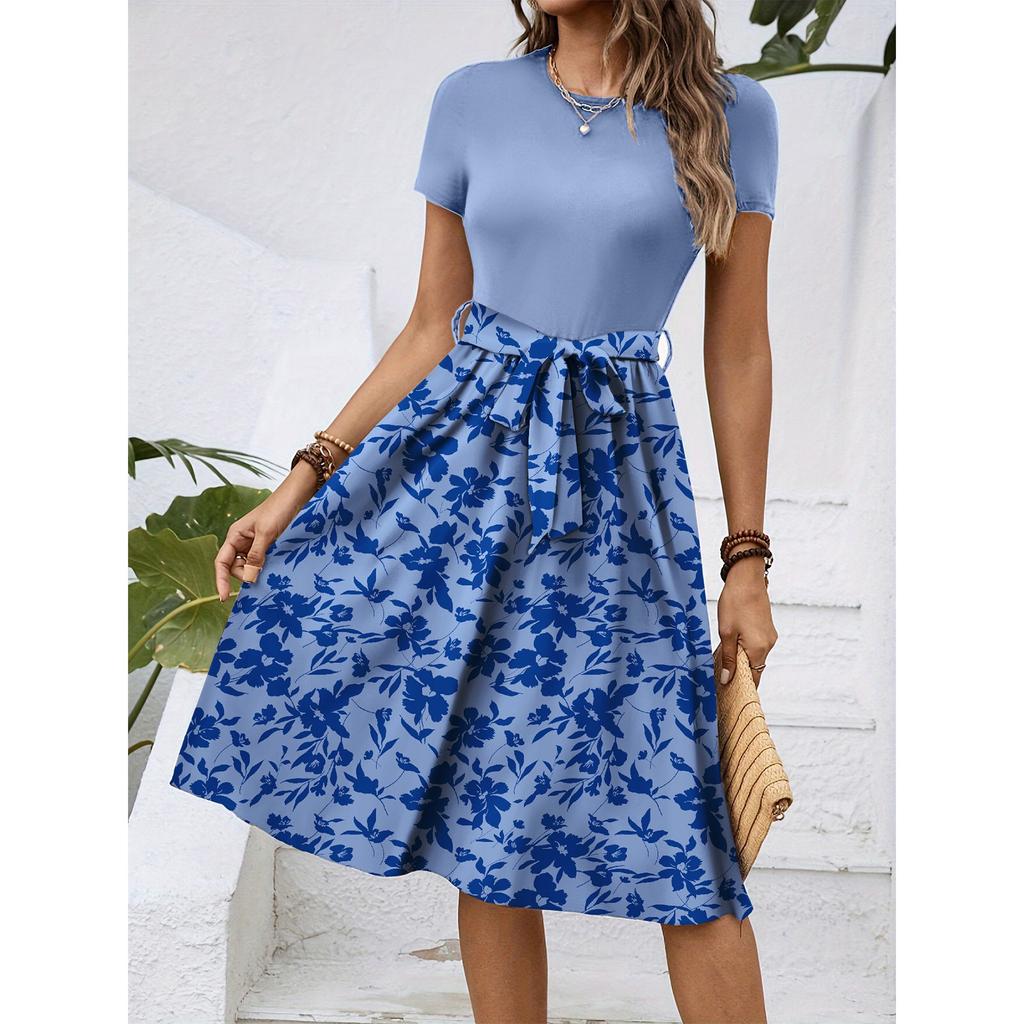 Women's Fashionable Retro Patterned Printing Color Blocked Belt Casual Dress