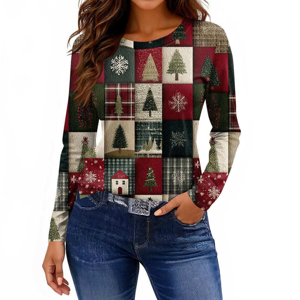 Women's Fashion Casual Slit Hem Round Neck Long Sleeve Loose Printed T-Shirt Ladies Top