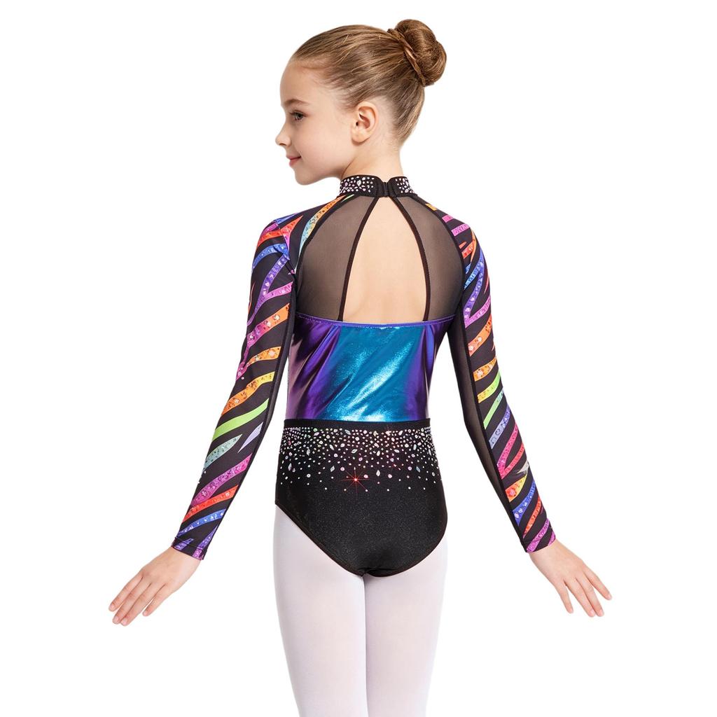 Body da Bambina Brillante con Strass, Manica Lunga, Schiena Scoperta, Patchwork, Chiusura a Bottoni a Pressione sull'Inseme, Abbigliamento Sportivo da Danza