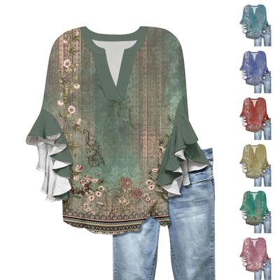 3/4 Sleeve Shirts For Women Cute Print Graphic Tees Blouses Casual Plus Size Basic Ruffled Sleeve Tops Pullover