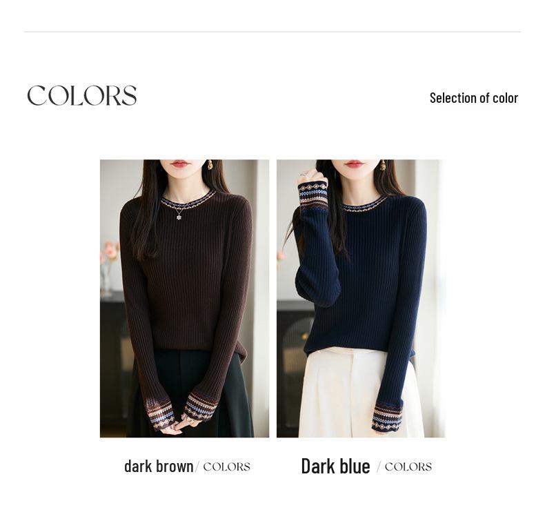 Women's Ethnic Style Knitted Sweater - Autumn/Winter Ribbed, Slimming, Round Neck Base Layer