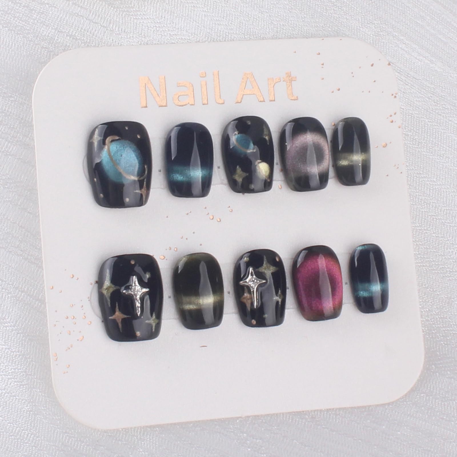 

MZCMSL накладные ногти ручной работы короткие черные накладные ногти галактика падающая звезда ночное небо кошачий глаз популярный 3D стильный милый дизайн накладные ногти футляр для хранения инструментов чёрный