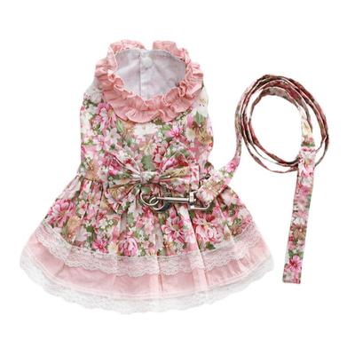 Floral Dog Cat Dress Shirt Bownot Skirt  with Matching Dog Leash Pet Puppy Skirt Spring Summer Clothes Apparel
