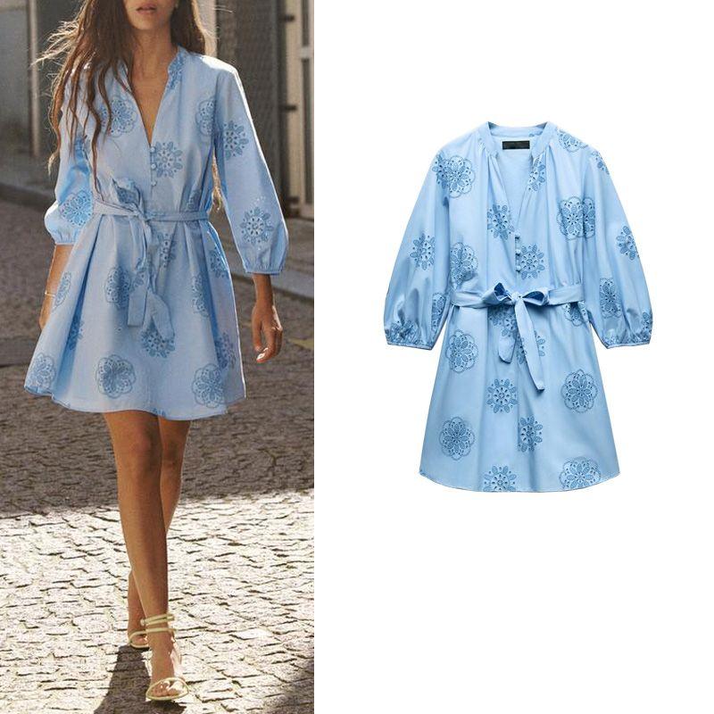 Spring New V Neck Puffy Long Sleeves with Belt Adhesive Embroider Decorative Poplin Dress 2492058