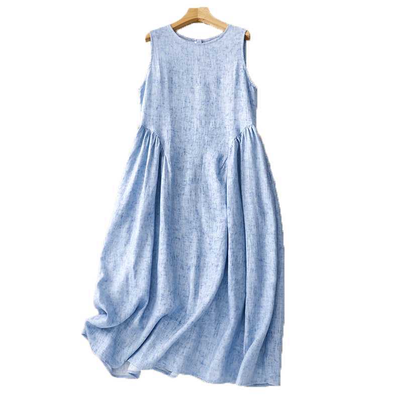 Women s Linen Cotton Sleeveless Dress Casual Round Neck Loose Fit Midi Tank Dress for Summer M