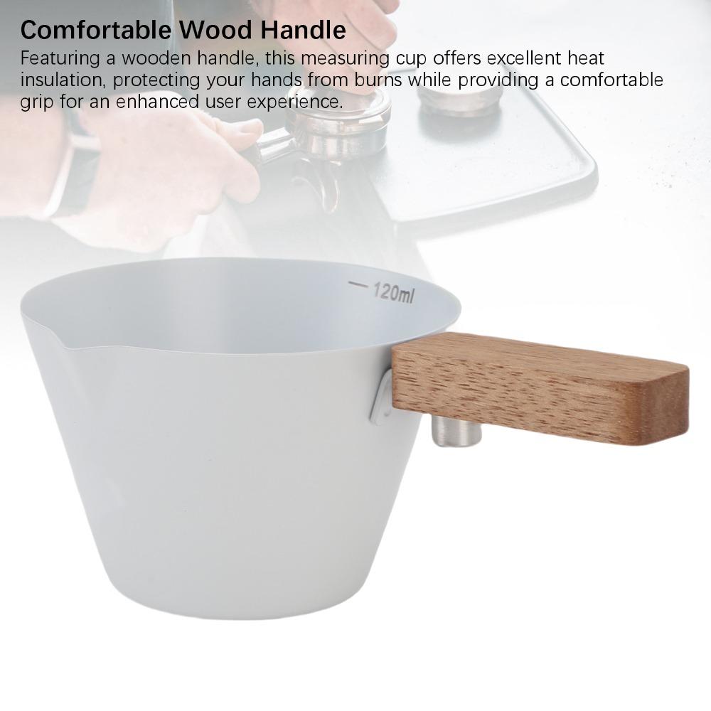 White/Black Finish Measuring Cup Wooden Handle Measuring Spoon Milk Frothing Cup  Latte Art