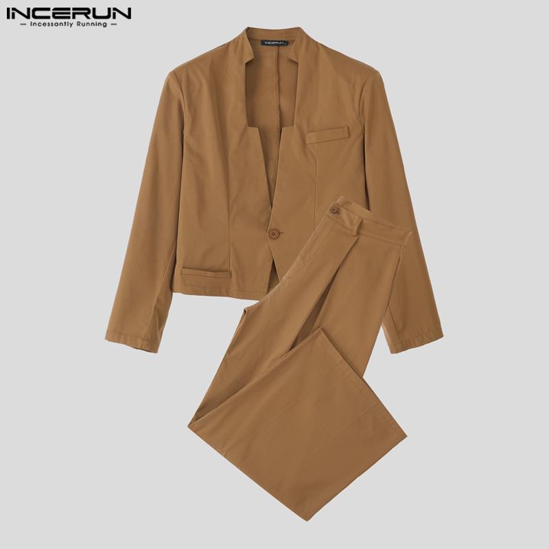 INCERUN Men Outfits Long Sleeve Cropped Tops and Long Pants Casual Party Sets
