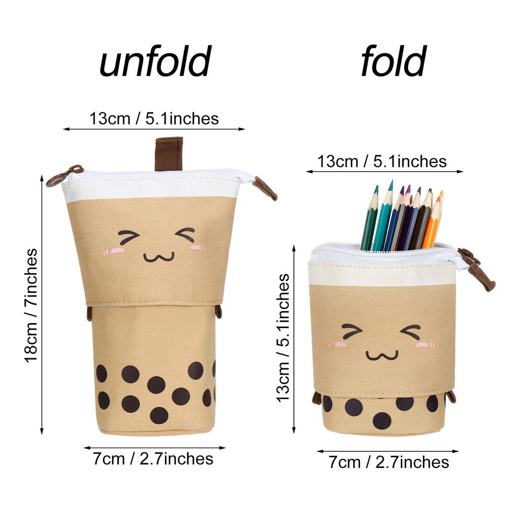 Estojo retrátil fofo para lápis, bolsa multifuncional para canetas, bolsa para papelaria Kawaii Boba Milktea Smile Face, estojo de lona para canetas, organizador