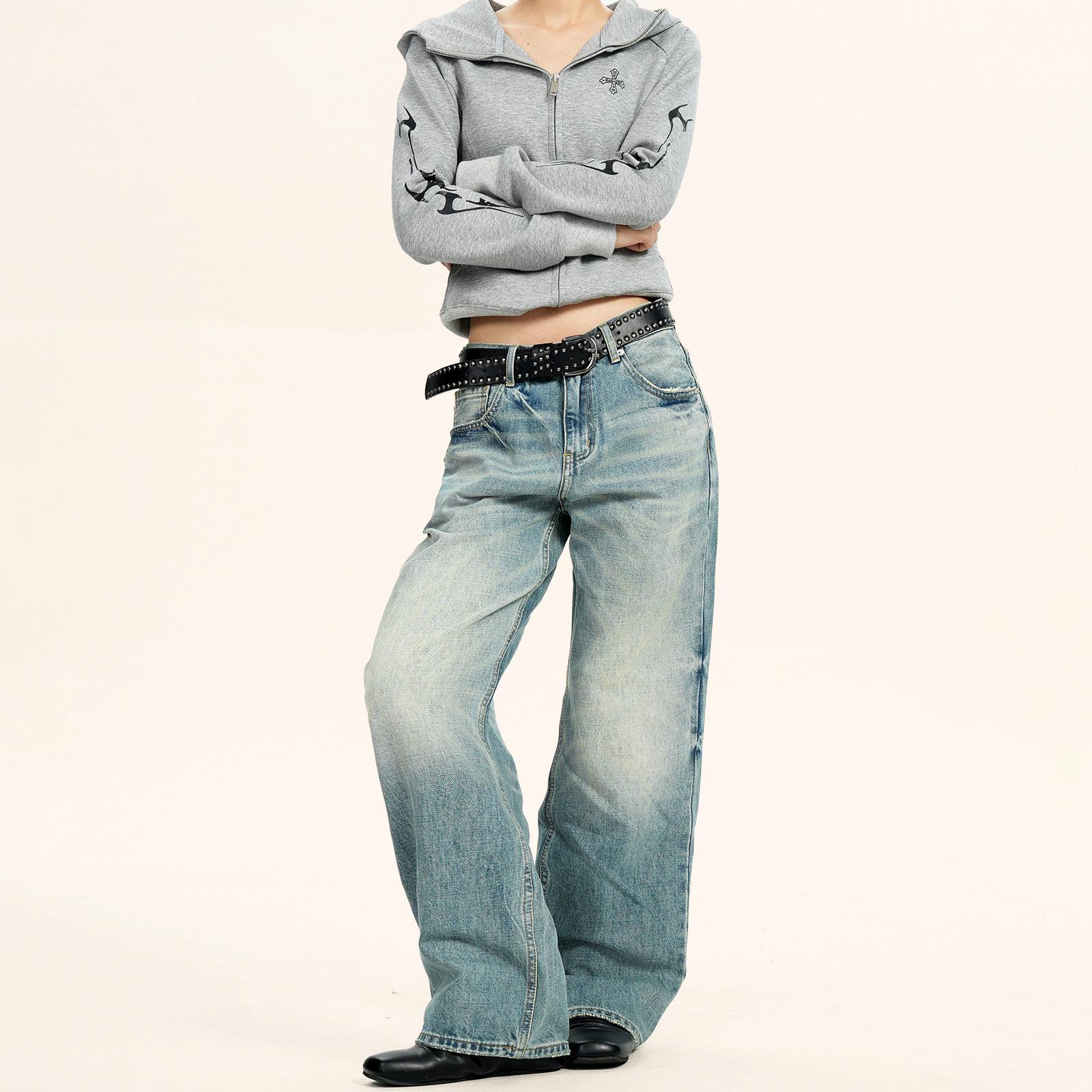 

Yongfang Унисекс Ретро Вываренные Голубые Потертые Джинсы Широкие Штанины XL