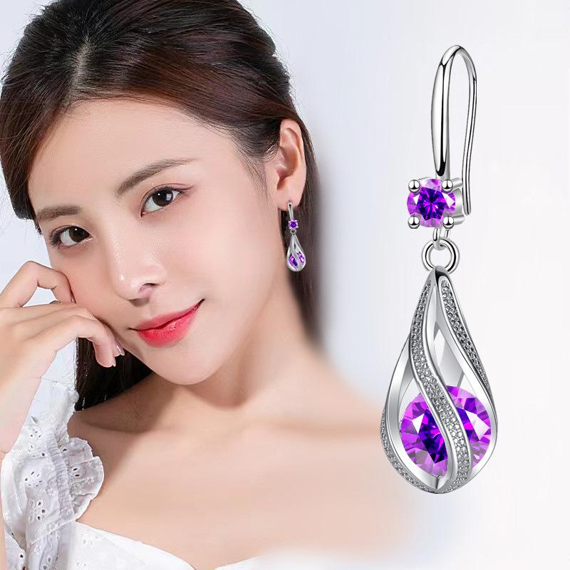 Boucles d'oreilles de luxe en argent sterling 925 avec cristal violet brillant pour femmes, bijoux tendance pour fête, mariage, fiançailles, cadeau de Noël