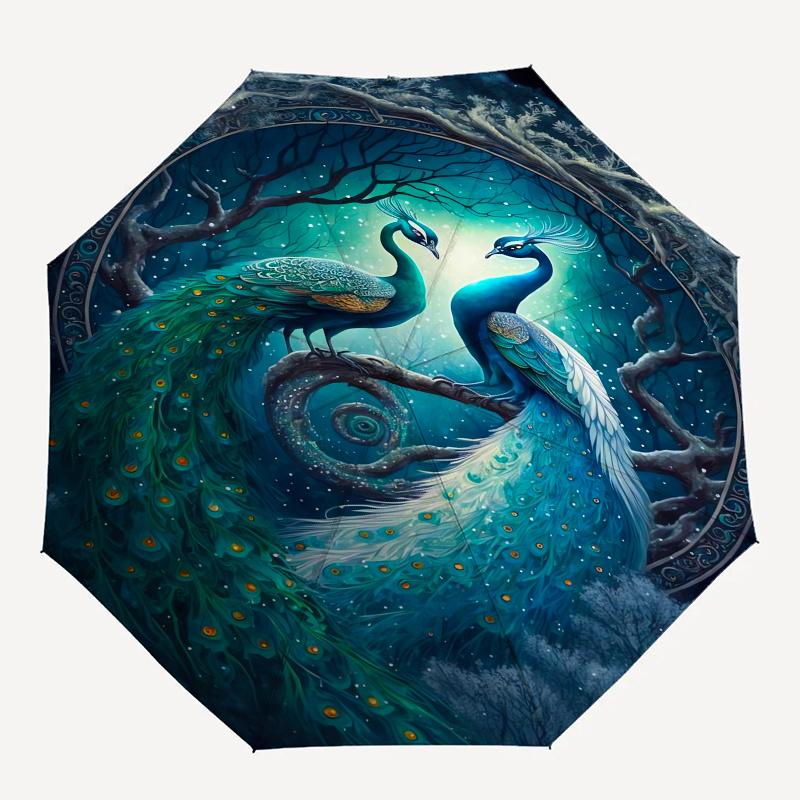 Peacock, Fantasy Automatic Folding Umbrella 8 Ribs, Durable Iron Frame, Bright Color Pattern Compact Travel Umbrella, Suitable for Outdoor,