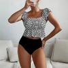 2-teiliges/Set Damen Badeanzug-Set eckiger Ausschnitt Rüschen Kappenärmel gestreifter Druck Oberteile hoch taillierte Badehose Bademode-Set