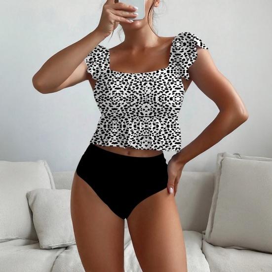 2-teiliges/Set Damen Badeanzug-Set eckiger Ausschnitt Rüschen Kappenärmel gestreifter Druck Oberteile hoch taillierte Badehose Bademode-Set