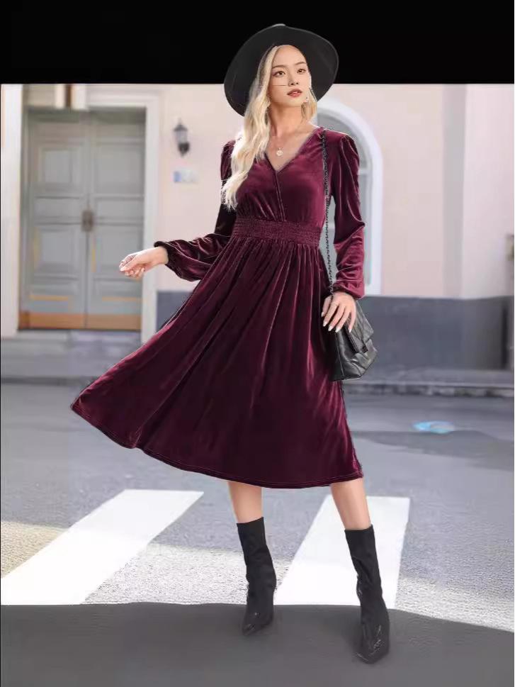 2024 Herbst/Winter Einfarbiges V-Ausschnitt Rüschen Langarm Hohe Taille Kleid für Damen