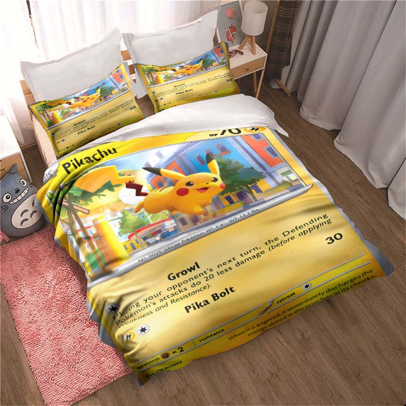 Bedding sets featuring various Pokémon card designs and sizes—including soft duvet covers and pillowcases—suitable for teenagers
