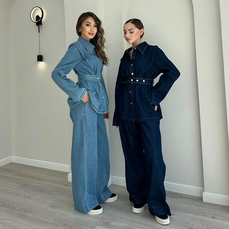 Denim Pants Set Women Belt Lapel Buttons Shirt High Waist Wide Leg Trousers Sets Lady Vintage Single Breasted Top Suit Female