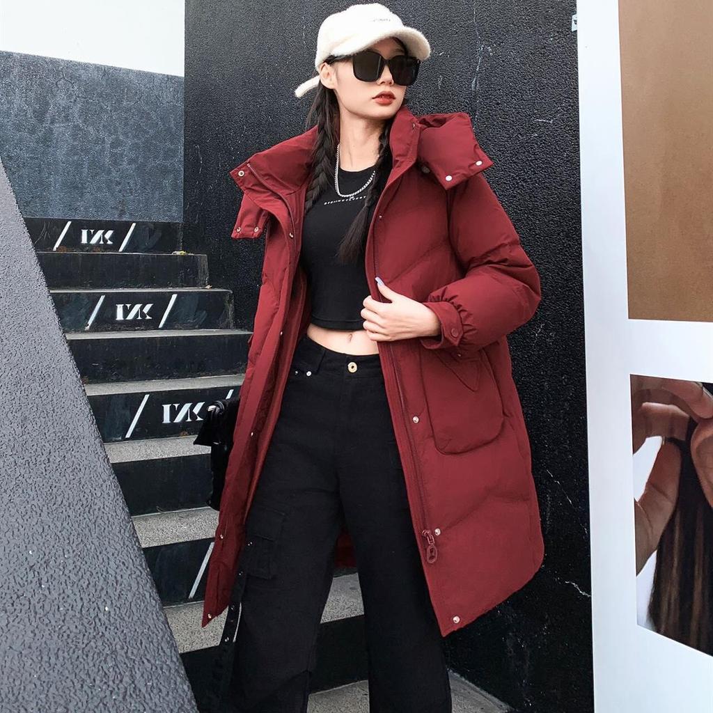 Women's Winter Autumn Thick Hooded White Duck Down Jacket Coat Loose Middle Long Solid Color Big Pocket Detachable Hat Down Coat