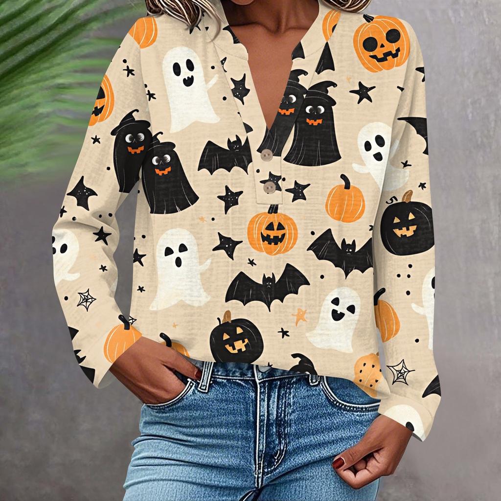 Women's Fashionable And Casual Shirt Long Sleeve V-neck Button Printed Blouse Top