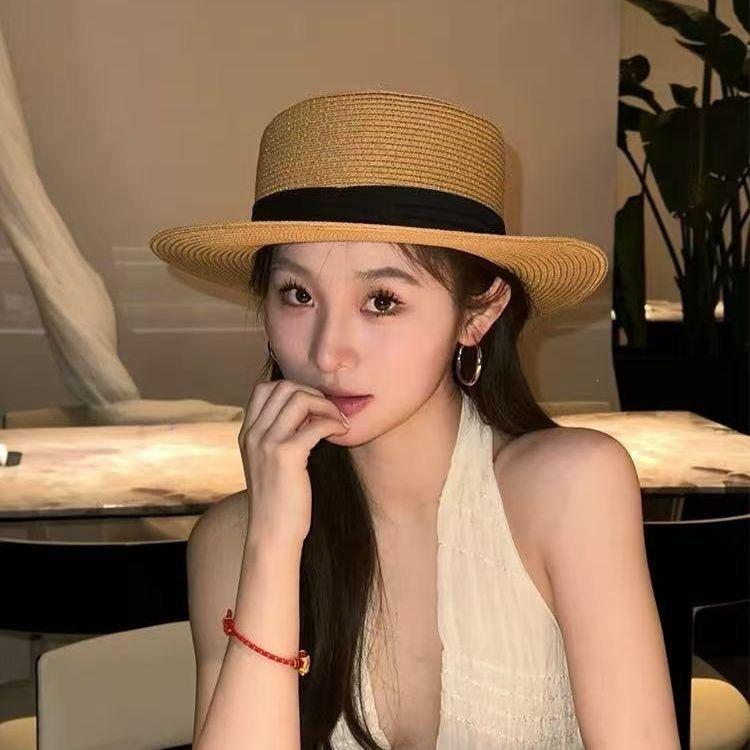 Versatile Women's French Flat-Top Woven Straw Sun Hat for Beach & Travel