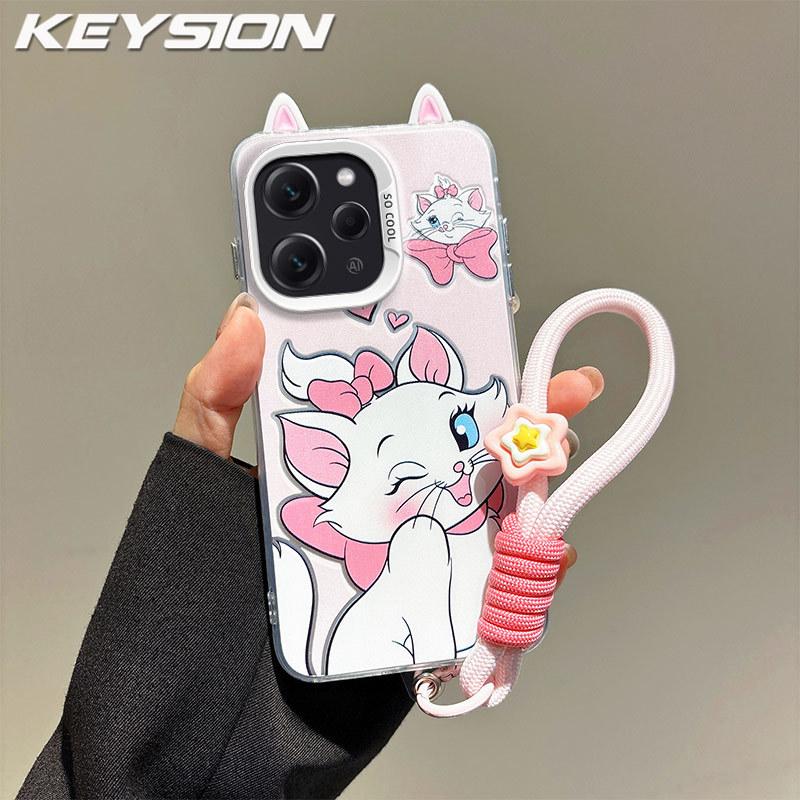 KEYSION Cute Ear Cartoon Case for Redmi 12 4G with Lanyard Soft Silicone+PC Shockproof Phone Back Cover for Xiaomi Redmi 12 5G