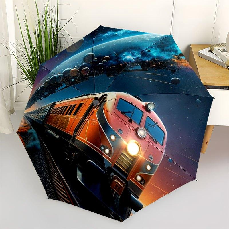 Space Odyssey Train Journey: Cosmic Adventure PosterUmbrella with Cute Design,Portable 3-Fold Compact Umbrella for Men&Women,Valentine s Day