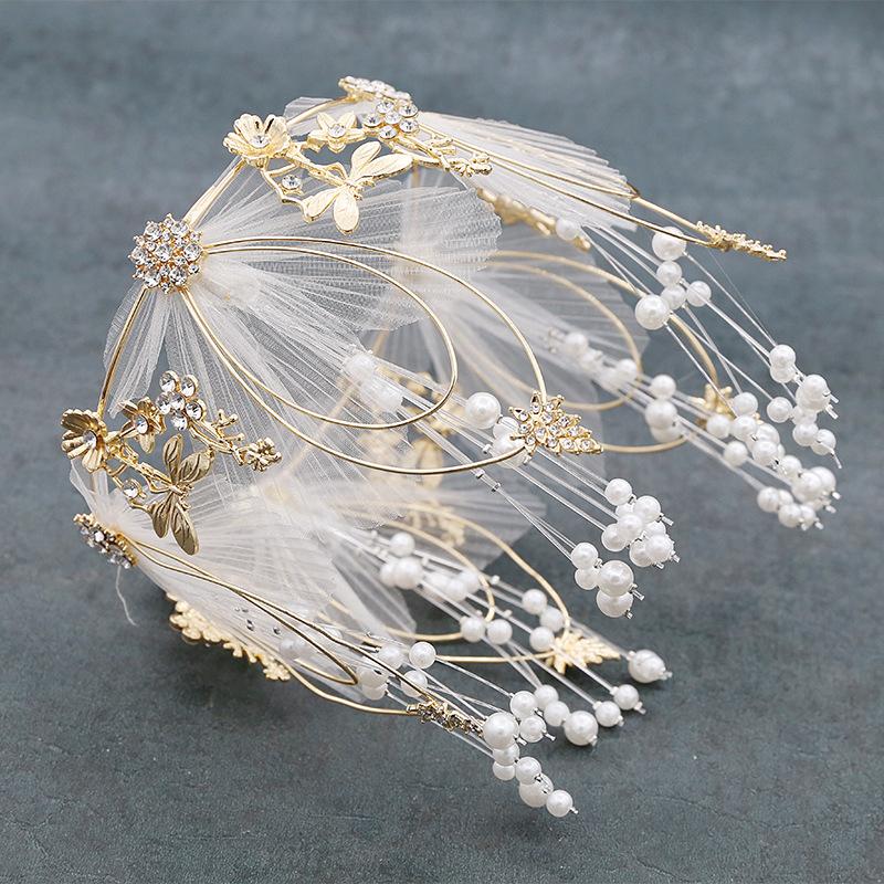 Fairy Princess Crown with Mesh Round Headwear with String Beads Queen Cake Decoration Costume Hair Accessory for Women Baking