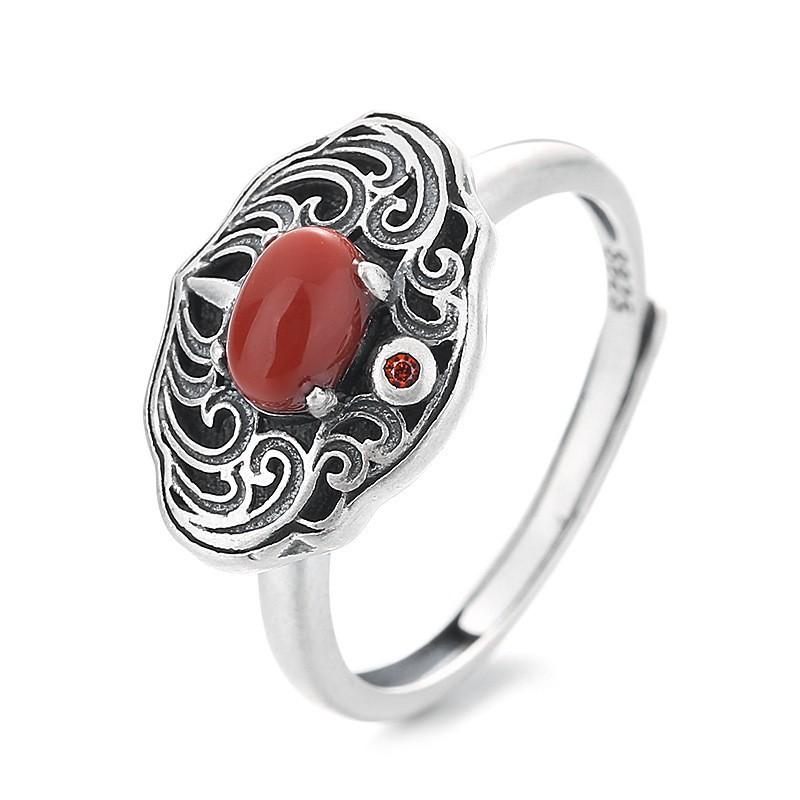 Adjustable Open Ring Men Women Vintage Bohemian Style With Filigree Cutout Design Red Agate Inlay Copper Base Retro